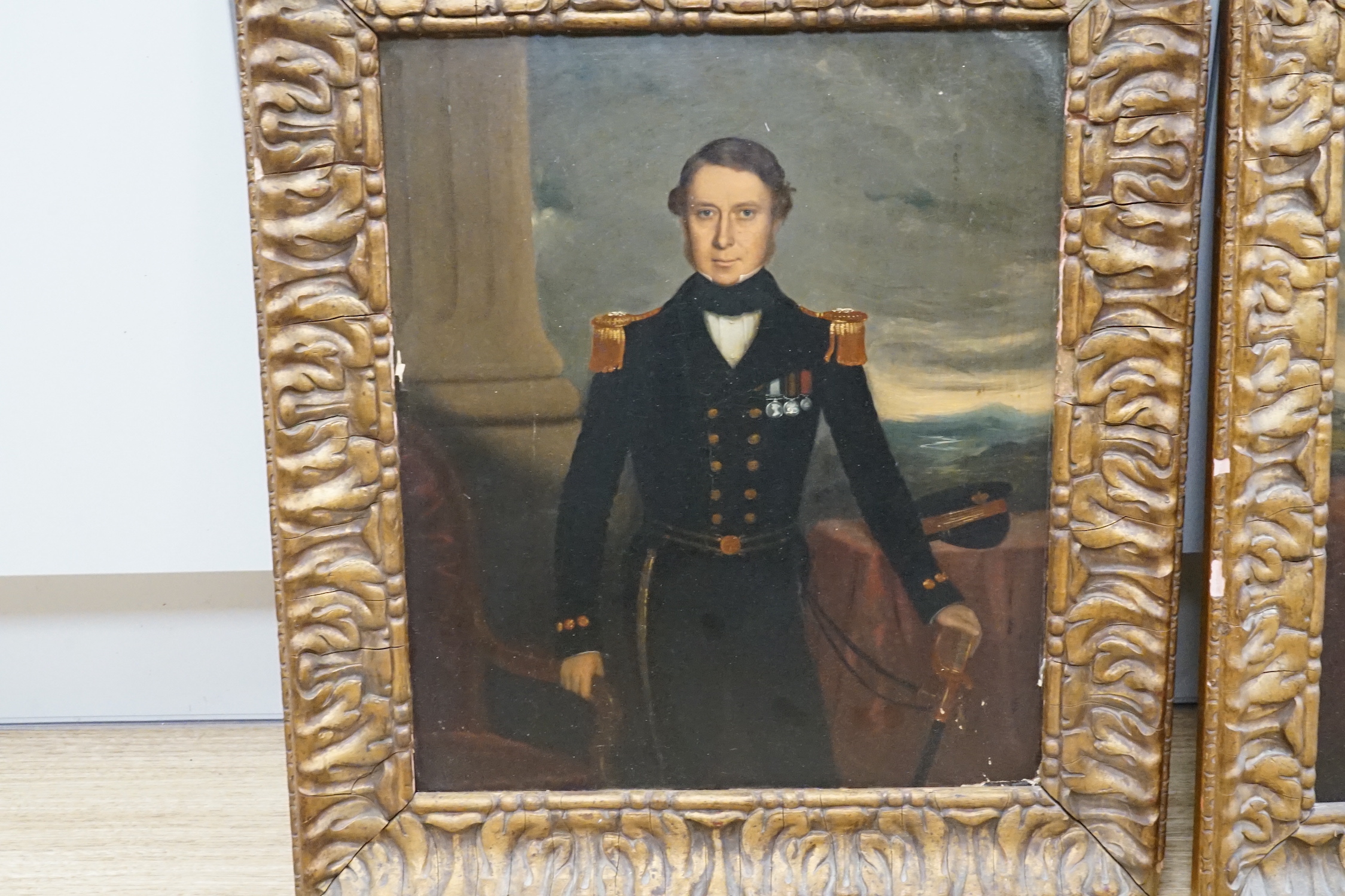 19th century English School, pair of oil over prints on card, Portraits of a Naval officer and his wife, 40 x 34cm